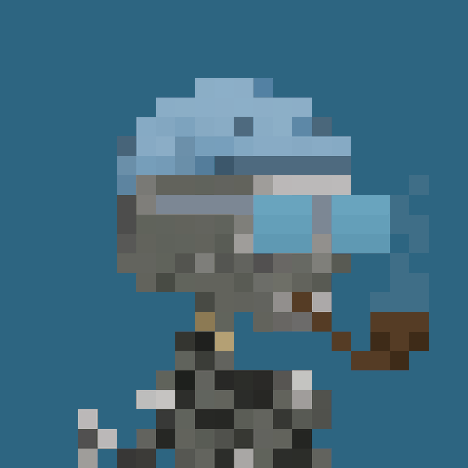 A pixelated blue character resembling a dolphin wearing sunglasses is depicted against a solid blue background.