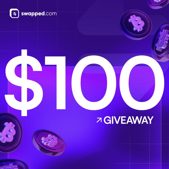 Promotional graphic for swapped.com announcing a "$100 GIVEAWAY" against a purple background featuring floating Bitcoin coins, supporting a social media contest requiring users to follow @swappedcom and @R20_cs, repost, like, and quote tweet the post within 7 days.