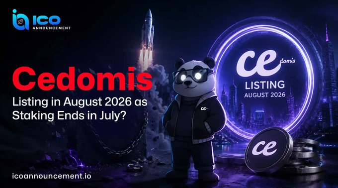 A promotional graphic for Cedomis featuring a stylized panda mascot wearing sunglasses and a "ce" jacket, set against a dark space-like background with a launching rocket and glowing coins. The image displays text reading "Cedomis Listing in August 2026 as Staking Ends in July?" alongside a "CE LISTING AUGUST 2026" badge, visually reinforcing the post's announcement about the project's upcoming token listing and staking deadline on Avalanche.