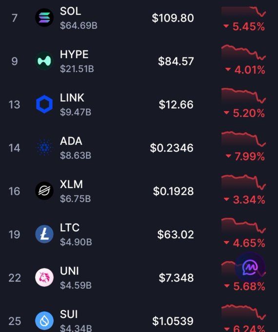 A dark cryptocurrency market list shows tokens including SOL, HYPE, LINK, ADA, XLM, LTC, UNI, and SUI, with red downward percentage changes such as SOL ▼5.45%, HYPE ▼4.01%, LINK ▼5.20%, ADA ▼7.99%, XLM ▼3.34%, LTC ▼4.65%, and UNI ▼5.68%.
