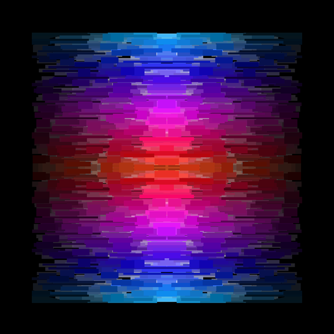 Abstract symmetrical digital artwork with mirrored patterns in blue, purple, pink, and red gradient tones against a black background.