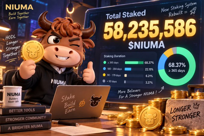 A cheerful cartoon bull mascot wearing a "$NIUMA" hoodie holds up a NIUMA coin beside a screen displaying "Total Staked 58,235,586 $NIUMA" with 68.37% of stakes held for ≥365 days, visually reinforcing the post's message that long-term believers are staking in the rebuilt NIUMA system.