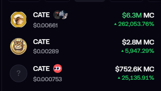 The image shows a list of three tokens all sharing the ticker "CATE," with different market caps and price gains: $6.3M (up 262,053.76% at $0.00661), $2.8M (up 5,947.29% at $0.00289), and $752.6K (up 25,135.91% at $0.000753). It visually illustrates the post's lesson that multiple tokens can share the same ticker, and without knowing which one you actually bought, the returns range wildly—matching the example's outcome of an unknown "CATE" leading to a $250 loss on Robinhood.