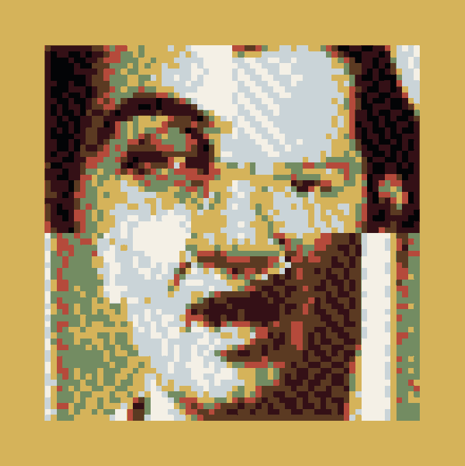 A low-resolution, pixelated portrait of a man wearing glasses, rendered in blocky patches of beige, green, brown, and blue tones within a yellow frame.