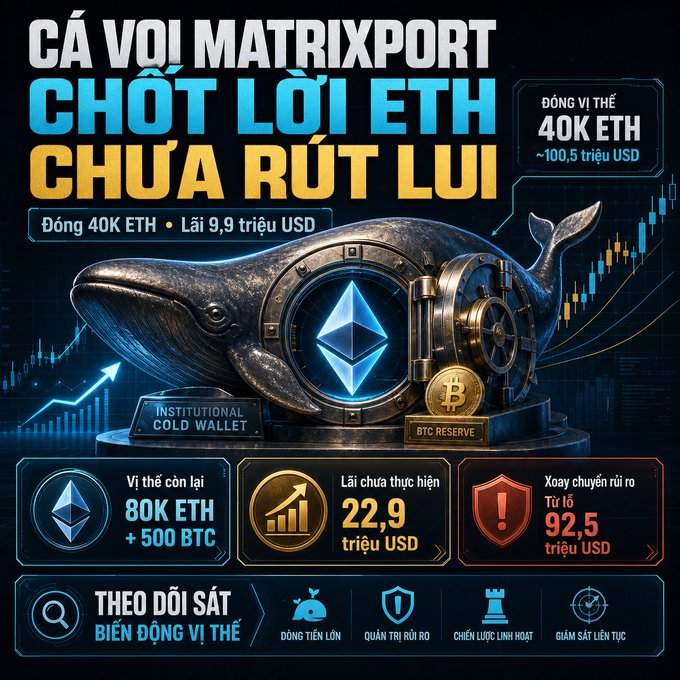 Cryptocurrency infographic in Vietnamese about a 'Matrixport' whale locking in ETH profits, featuring a metallic whale with ETH and BTC symbols, showing positions of 40K ETH (~$100.5M USD), remaining 80K ETH + 500 BTC, unrealized profit of $22.9M, and a $92.5M transfer.