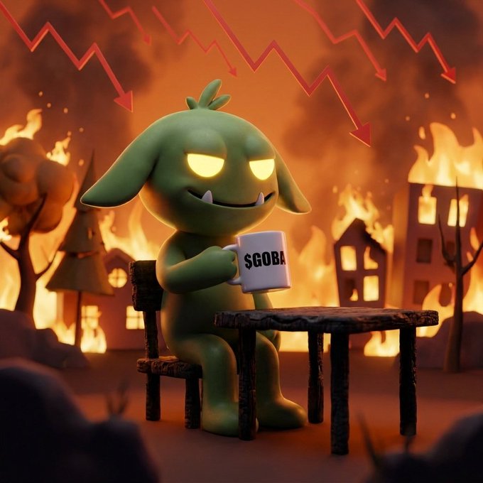 A 3D-rendered, sinister green goblin character with glowing yellow eyes and fangs sits at a wooden table calmly holding a mug that reads "$GOBA", while a fiery background shows burning houses and red arrows pointing downward.