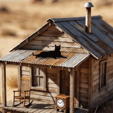 A rustic wooden cabin with a metal roof in a desert landscape, featuring a black cat resting on the roof, a rocking chair on the porch, and an old-fashioned clock on the steps.
