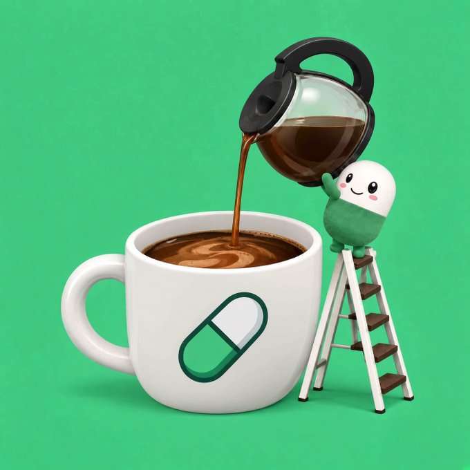 A cheerful green and white pill-shaped character stands on a small ladder, pouring coffee from a glass carafe into an oversized white mug featuring a green pill capsule logo, all set against a vibrant green background—perfectly capturing the cozy, leisurely vibe of a "happy weekend."