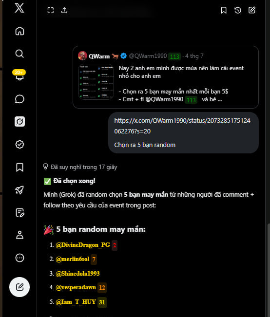 A Grok-powered X (Twitter) giveaway post by @QWarm1990 announcing 5 random winners—@DivineDragon_PG, @merlin6sol, @Shinedola1993, @vesperadawn, and @Iam_T_HUY—from a 113-reply event, with instructions to send Binance UIDs by 11:00 on 7/8.