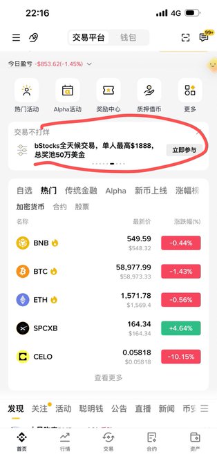 A cryptocurrency trading app showing today's account change of -$853.62 (-1.45%), with a circled Binance promotion 'bStocks全天候交易, 单人最高$1888, 总奖池50万美金', and prices for BNB, BTC, ETH, SPCXB, and CELO.
