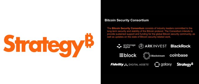 The image shows the Strategy (formerly MicroStrategy) Bitcoin logo alongside information about the Bitcoin Security Consortium, featuring member companies including Anchorage Digital, ARK Invest, BlackRock, Block, Blockstream, Coinbase, Fidelity Digital Assets, Galaxy, and Strategy. This relates to the post by illustrating corporate Bitcoin conviction—complementing the point about Tesla holding its $825M in BTC rather than selling, similar to Strategy's well-known commitment to holding Bitcoin as a treasury reserve asset.