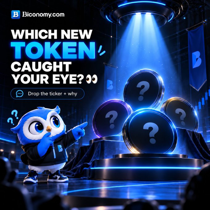 A promotional graphic from Biconomy.com featuring an owl mascot pointing at mystery tokens, asking 'WHICH NEW TOKEN CAUGHT YOUR EYE?'