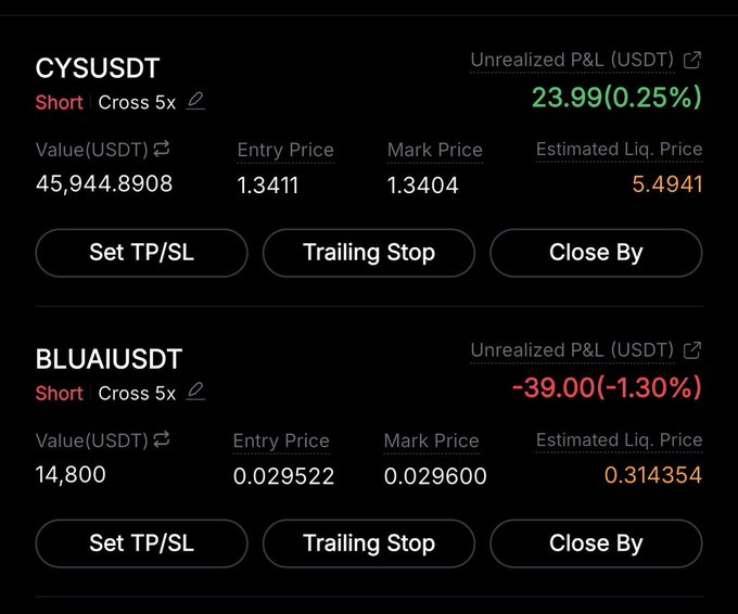 The image shows two open short positions on Binance Futures: CYSUSDT with an unrealized P&L of +23.99 USDT (0.25%) and BLUAIUSDT with an unrealized P&L of -39.00 USDT (-1.30%), both using 5x cross leverage. This aligns with the post's call to hold both $Cys and $Bluai, recommending followers match the 5x leverage and allocate capital between the two trades.