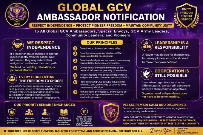 A 'GLOBAL GCV AMBASSADOR NOTIFICATION' document outlining principles of independence, responsibility, and cooperation for the GCV community, signed by Doris Yin of the Global GCV Movement.