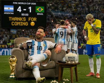 The image features a man sitting on a chair with his legs crossed, holding a cup of coffee while sitting in front of a soccer game. Around him, there are people celebrating a victory, including a soccer player who has just scored a goal. The setting appears to be a stadium where the soccer players and fans have gathered to watch the match.

The post related to this image highlights the man's achievement and congratulates him on his win at the World Cup. It emphasizes the importance of the post being shared by many people, including a few that are listed in the caption as "lucky users". The post encourages viewers to join or create their own World Cup UGCs to share with others and promote positivity and support for the soccer teams involved in the event.