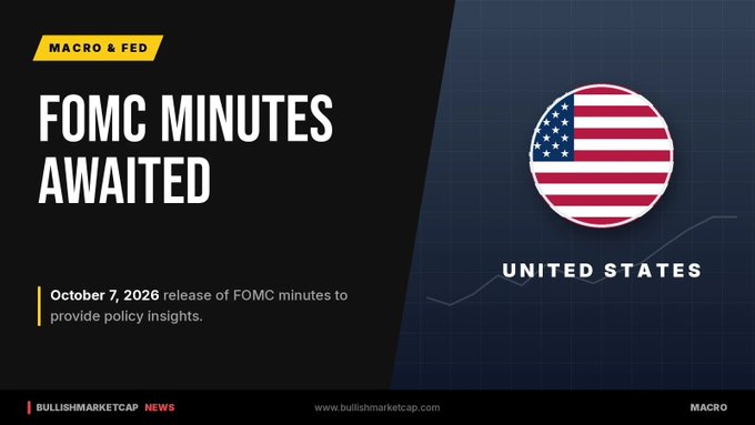 A news graphic titled 'FOMC MINUTES AWAITED' from Bullishmarketcap News announces the October 7, 2026 release of FOMC minutes to provide policy insights, featuring a United States flag icon.