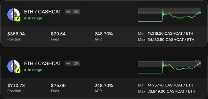 Two UNI V4 liquidity positions on the ETH/CASHCAT pool showing identical 248.70% APR, with positions of $368.94 and $710.73 and fees of $20.64 and $75.00 respectively, both currently "In range." The image illustrates the author's strategy of providing liquidity for CASHCAT to accumulate the memecoin they want to buy while earning ~250% APR, using the range metrics as an indicator of price action.