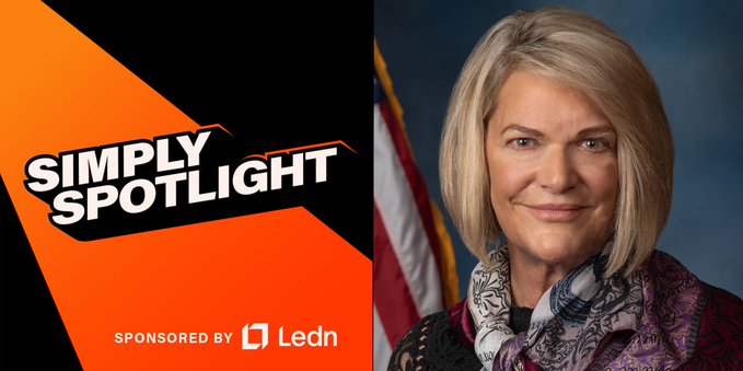 A graphic reading 'SIMPLY SPOTLIGHT' and 'SPONSORED BY Ledn' appears alongside a portrait of a woman in front of an American flag.