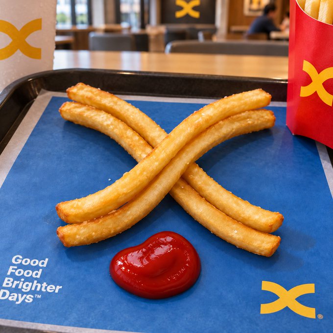 Golden churros arranged in an X-shape on a blue tray with "Good Food Brighter Days™" text, accompanied by a bright red dollop of ketchup that perfectly embodies the post's message that a little red never ruins a good meal.