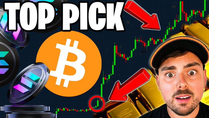 A YouTube thumbnail titled 'TOP PICK' featuring a shocked man in a cap pointing at a Bitcoin chart with gold bars and a Bitcoin logo, with red arrows highlighting price movements.