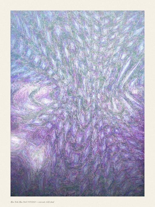 A purple and green abstract painting with chaotic, swirling brushstrokes, captioned 'New York, New York 4/9/2021 - marriott, 22$ shot'.