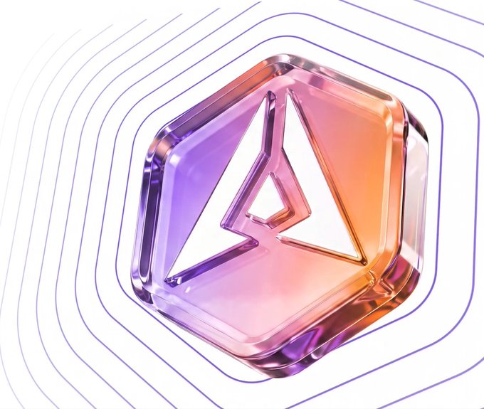 A glossy, gradient purple-to-orange hexagonal emblem featuring a triangular logo sits against concentric purple rings, visually evoking GenLayer's branded portal interface used to track and organize community contributions within their ecosystem.