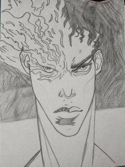 A detailed pencil sketch of a character with a serious expression, featuring one half of the face covered in intricate flame-like patterns and dark hair, with intense eyes looking forward.