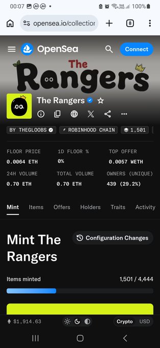 Mobile screenshot of the OpenSea NFT collection page for "The Rangers" by THEGLOOBS on the Robinhood Chain, showing a floor price of 0.0064 ETH, top offer of 0.0057 WETH, and 1,501/4,444 items minted.