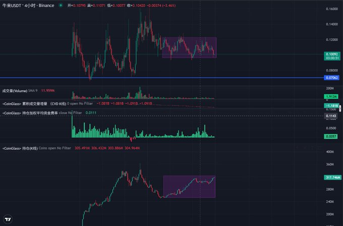 A cryptocurrency trading chart for 牛熊USDT/USDT on Binance showing price action, volume, CVD K线, and Coinglass Net Open Value indicators.