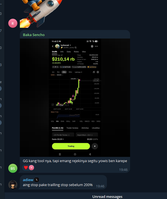 A Telegram chat with user 'Baka Sencho' shows a screenshot of a Bitcoin trading chart displaying $210.14 rb value, with other users commenting about trading tools and trailing stops in Indonesian.
