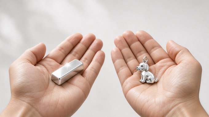 Two hands are held open, palms up, with the left hand holding a silver metal bar and the right hand holding a small silver dog charm with a ring loop.