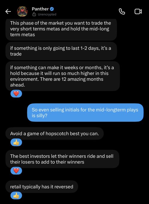 A screenshot of an Instagram DM conversation with user "Panther" sharing trading philosophy, advising to trade short-term plays while holding mid-to-long-term positions, and emphasizing that the best investors "let their winners ride and sell their losers to add to their winners" rather than playing hopscotch with positions.