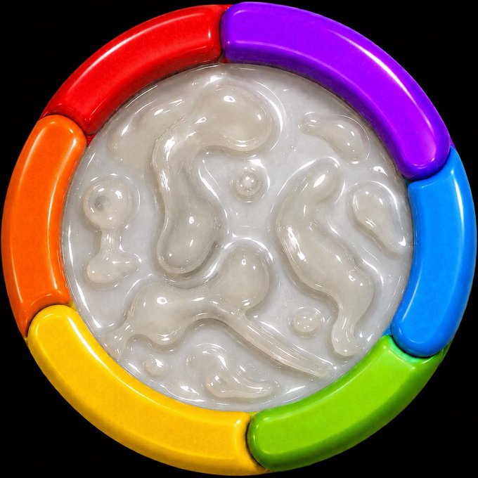 The image shows a circular emblem with colorful segments resembling a rainbow, and a swirly, white, organic pattern in the center. This emblem likely represents the "original seed investment" for "$CUMSTOCK" mentioned in the accompanying post.