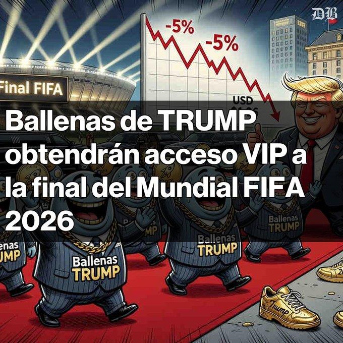 The image features a cartoon of a man wearing a suit and tie standing next to a group of cartoon characters dressed in suits, with one character holding a gold chain. The text in the image reads "Ballenas de TRUMP tendrán acceso VIP a la final del Mundial Los 19 mayores tenedores de la memecoin Official Trump recibirán un paquete de lujo de 3 días en Nueva York". This post is about the 2016 FIFA World Cup and how it relates to the man in the suit.