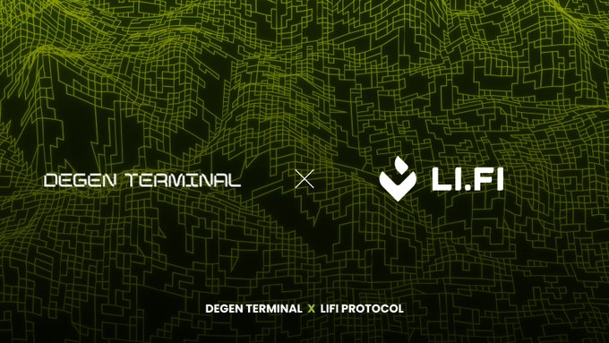 A promotional graphic for 'DEGEN TERMINAL X LI.FI PROTOCOL' collaboration, featuring white logos against a dark green wireframe terrain background.