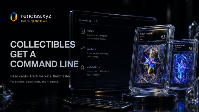 The image visually represents the "Renaiss CLI," which provides a command-line interface for interacting with collectible card data, featuring examples like "NOVA PRISM" and "ECHO SENTINEL." This aligns with the text highlighting how Renaiss is giving collectibles a command line to read cards and track markets.