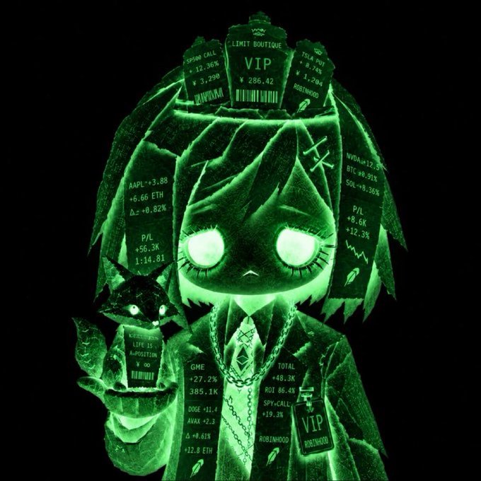 A green-tinted digital illustration of an anime-style girl with glowing eyes, surrounded by stock ticker data and 'VIP' and 'ROBINWOOD' tags.