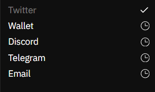 A menu list with options for Twitter (checked), Wallet, Discord, Telegram, and Email, each accompanied by a clock icon on a dark background.