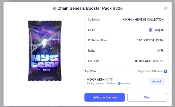 A digital product listing for a 'KiiChain Genesis Booster Pack #326' from the KiiChain Genesis Collection on the Polygon chain, showing a collection floor of 0.0017 WETH ($3.26), a top offer of 0.0009 WETH ($1.71), and options to 'Accept', 'Listing on Opensea', or 'Send'.
