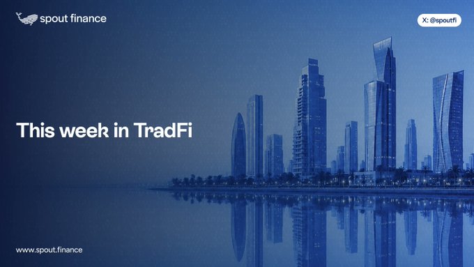 A banner image with a dark blue cityscape background showing skyscrapers reflected in water, featuring the text 'This week in TradFi' alongside 'spout.finance' branding and an X handle '@spoutfi'.