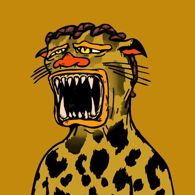 A cartoon illustration shows a fierce, roaring panther with sharp fangs and braided hair, set against a golden-brown background. The image aligns with the post's promotion of the $SPC "ShittyPanther" NFT collection, depicting the stylized panther mascot associated with the project.
