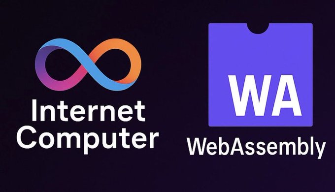 Logos for 'Internet Computer' (with its infinity symbol) and 'WebAssembly' (WA) displayed on a dark background.