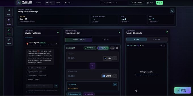 Screenshot of the Musebook platform dashboard showing a Pump.fun launch triage tool with offline status, zero confidence, and a Jupiter x Upland DEX console featuring SOL and USDC trading pairs.