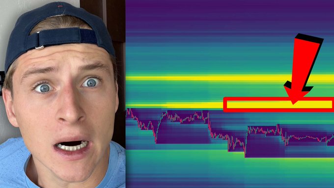 A young man with a shocked expression appears beside a Bitcoin technical analysis chart showing a highlighted horizontal support zone (marked by a red arrow and box) indicating a potential repeating pattern. The split image visually emphasizes the alarming signal in BTC's price action referenced in the YouTube video title.