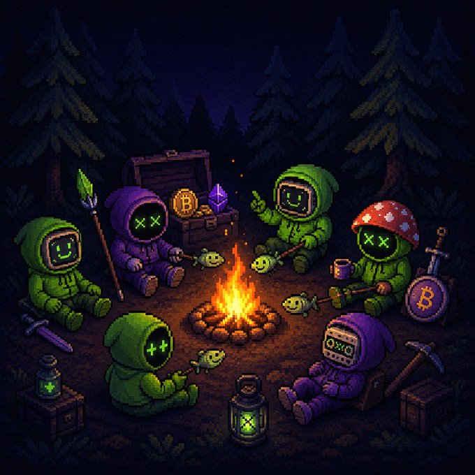 A pixel art scene depicts hooded figures with digital face screens gathered around a campfire in a dark forest, surrounded by items like Bitcoin coins, fish on sticks, a treasure chest, and mining equipment.