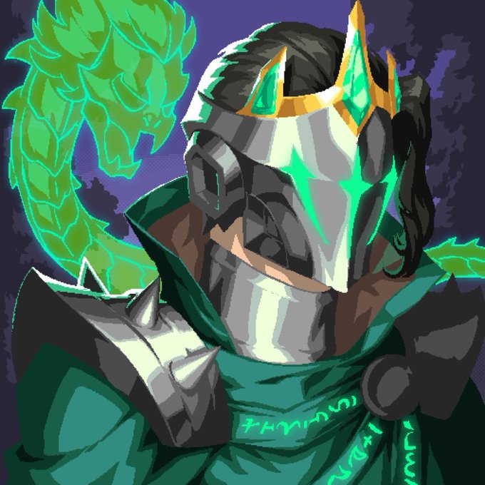 Stylized digital artwork of a knight in a gray and green glowing helmet with a golden crown, accompanied by a green spectral dragon.