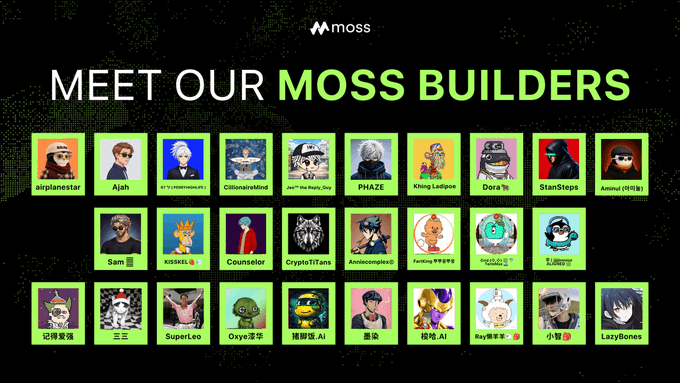 A 'Meet Our Moss Builders' graphic displays a grid of 24 avatar profiles with usernames, set against a world map background with the 'moss' logo.