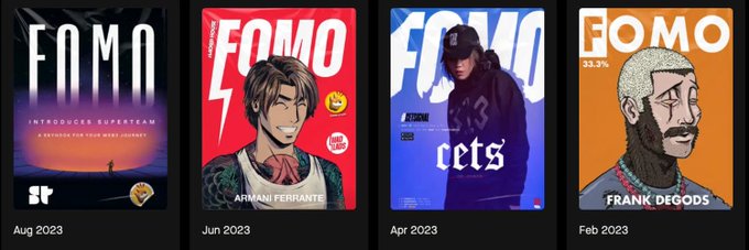 A horizontal lineup of four FOMO magazine covers from 2023, featuring different artists: "SUPERTEAM" (Aug), "ARMANI FERRANTE" (Jun), "<3 cets" (Apr), and "FRANK DEGODS" (Feb).
