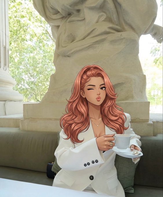 A composite image blending a live-action photo of a classical statue with an illustrated, anime-style woman with red hair sipping from a teacup in the foreground.