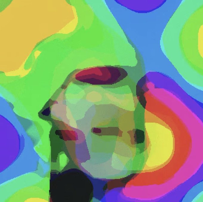 A heavily stylized, colorful abstract portrait uses bold patches of neon green, yellow, blue, pink, and purple to depict a fuzzy face in a glitch art aesthetic.